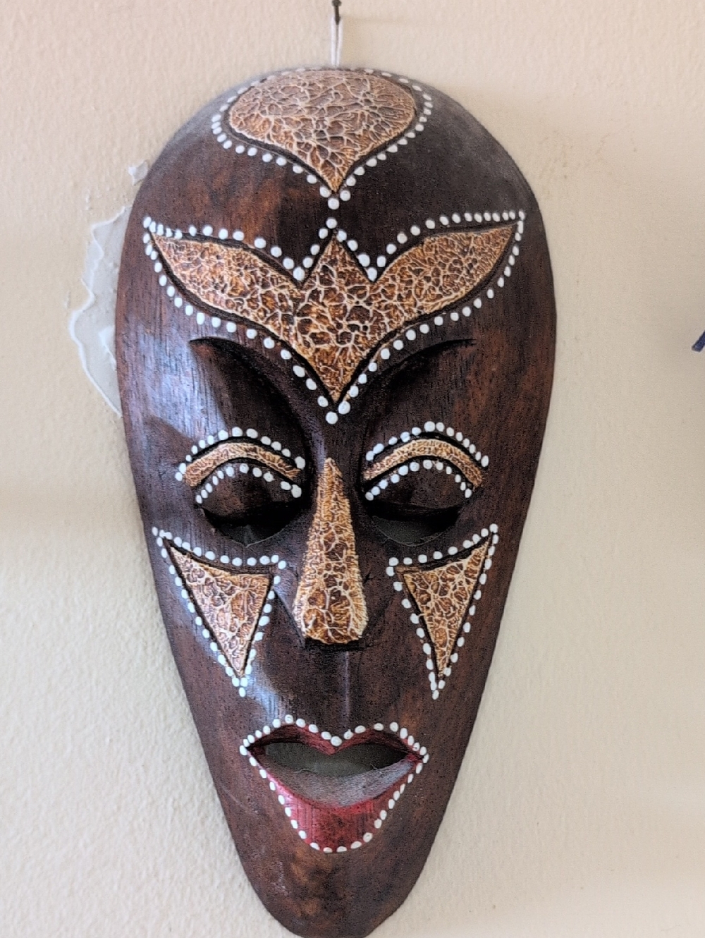 Hand-Carved Decorative Tribal Mask - Brown & Gold Accents
